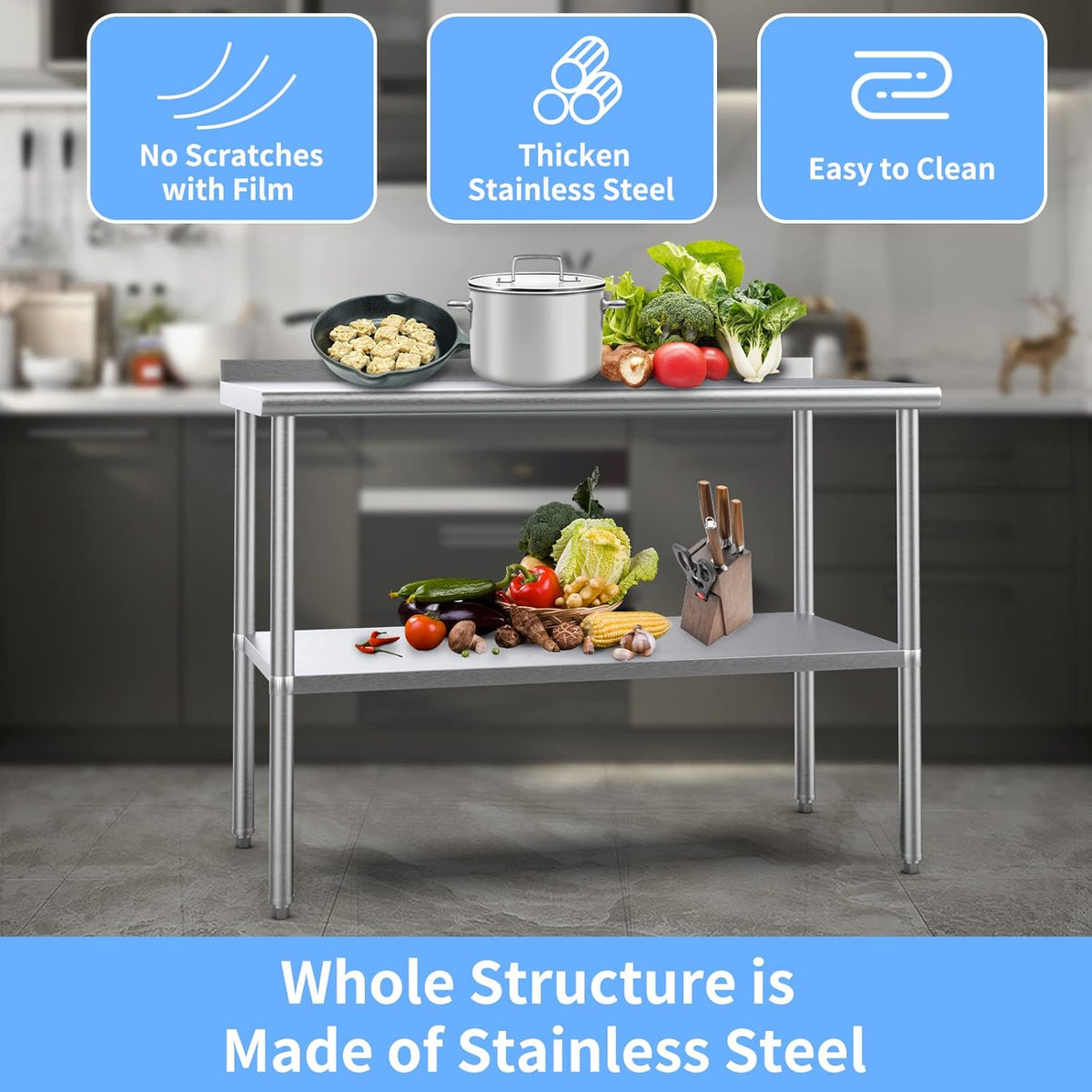 Stainless steel ready-made workbench, commercial heavy-duty workbench and workstation, suitable for metal dining tables in kitchens, restaurants, homes and hotels, with adjustable base frame and waterproof board