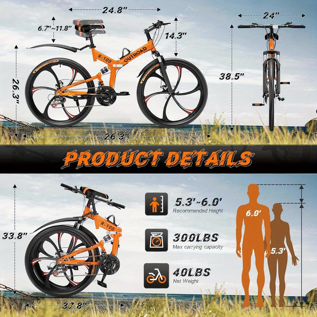 26 Inch Mountain Bike, 21 Speeds Full Suspension Folding Bikes, Dual Disc Brake, High Carbon Steel Frame And Non-Slip Quick Release Tire Bicycle for Adult