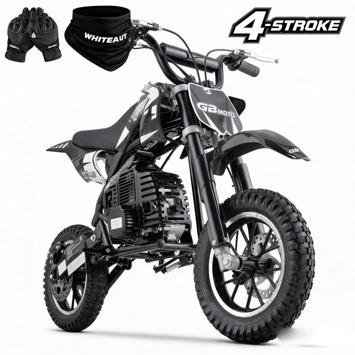 Mini off-road bike, 41CC four stroke gasoline bike (model: DB001), equipped with off-road tires, suspension, disc brakes, maximum load of 160Lbs, top speed of 18Mph, gloves and face cloth included