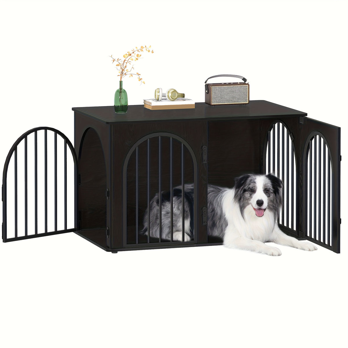 39.4'' Dog Crate Furniture - Dog Kennel Indoor Arched Door Design, Wooden Dog Crate Furniture For Small/Medium/Large Dog, Side Table, TV Stand, Anti-Chew, Anti-Escape - Rustic Brown, Black Gold, Greige Black, White Brown - For Dog Owners - Provides Safe &