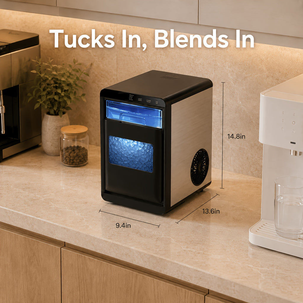 Countertop Nugget Ice Maker, Qunler 44 Lbs/day Stainless Steel Self-Cleaning Chewable Pellet Ice Machine with Independent Water Tank, Ice Scoop & Ice Basket for RV Trips, Camping, Beach Houses, Cabins & Patio Drinks
