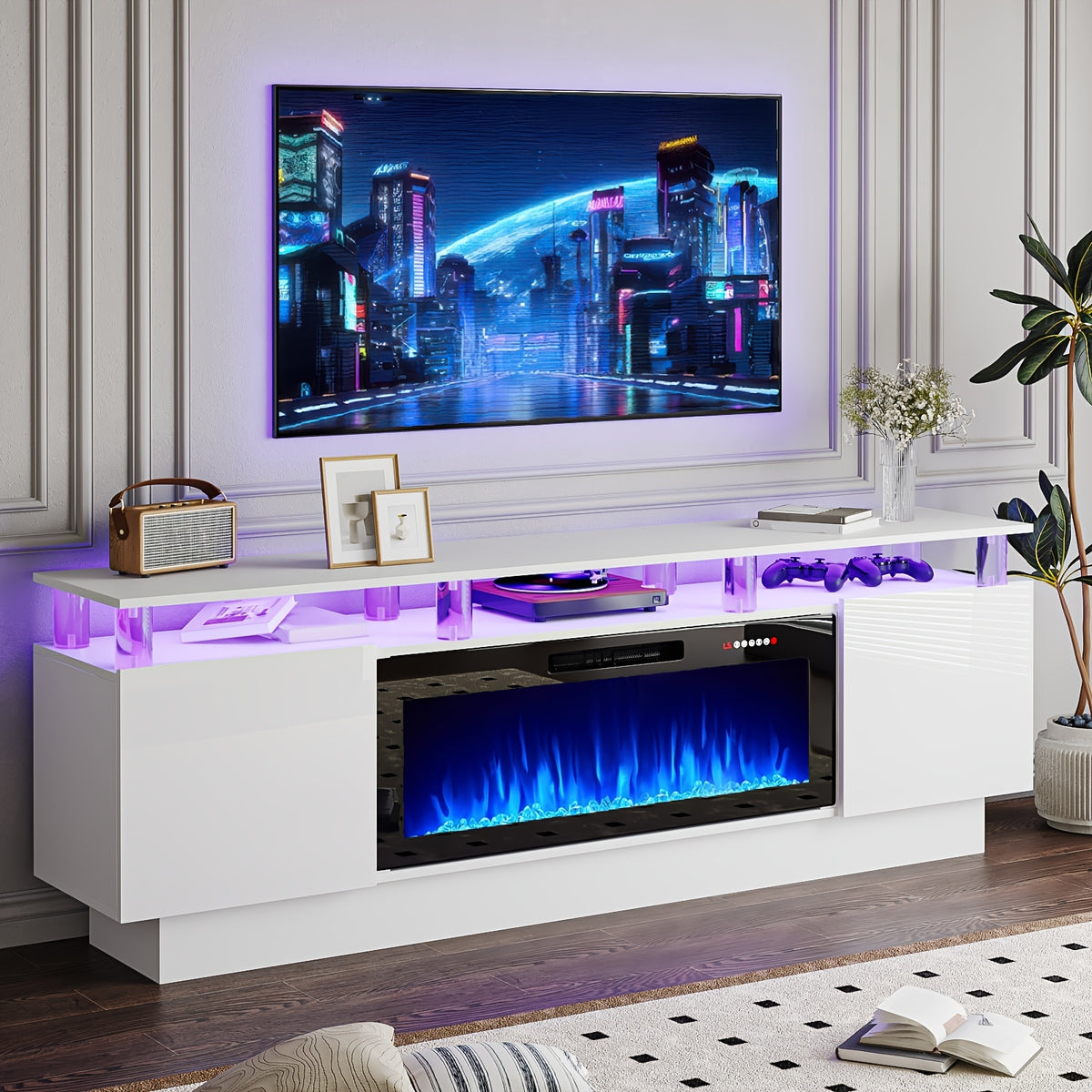 Fireplace TV Stand with 36-Inch Electric Fireplace, 70-Inch LED Light Entertainment Center with High Gloss Cabinet, 2-Tier Modern Wood Media TV Console for Living Room