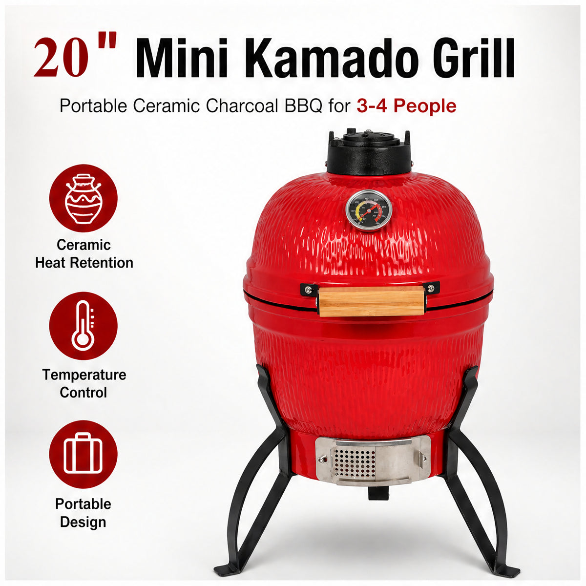 20 "Portable ceramic Charcoal Barbecue BBQ heavy-duty outdoor barbecue grill with adjustable ventilation and heat-resistant cover Perfect for camping, backyards, terraces, and trailers (including the stand)