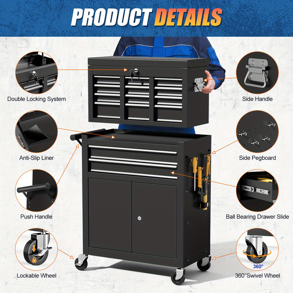 10-Drawer Rolling Tool Chest On Wheels, 2-in-1 Lockable Tool Chest with Drawers, Removable Top Cabinet And Storage Cart, Steel Tool Cart with Lining And Hooks