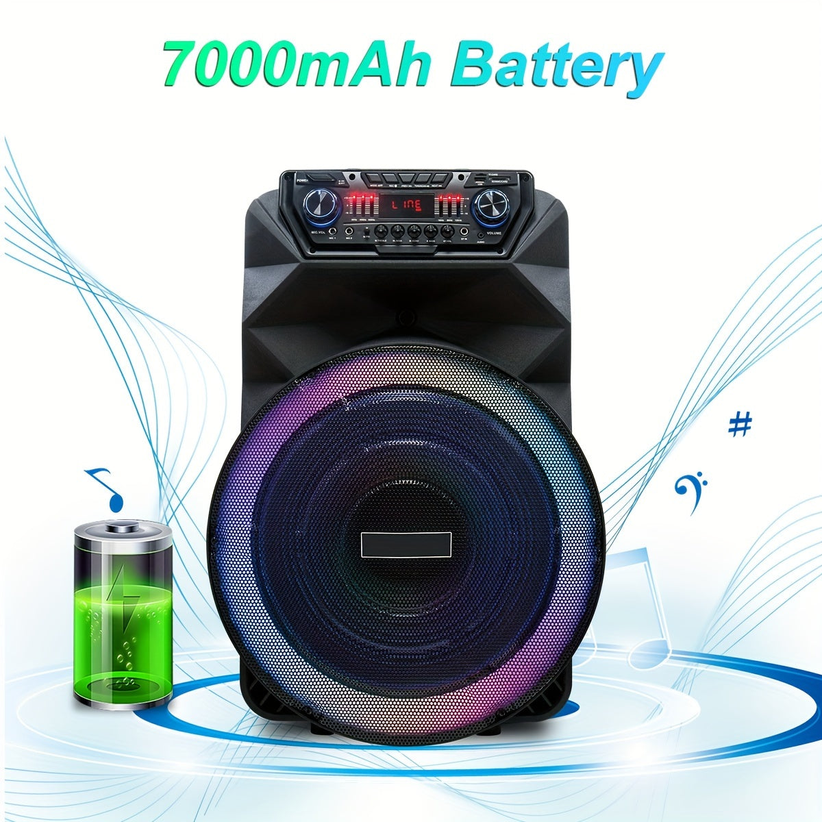 18 Inch Party Rechargeable Wireless Speaker With Deep Bass, 4500W Peak Power DJ Sound System With Wireless Microphones, USB/SD, AUX & Guitar Inputs