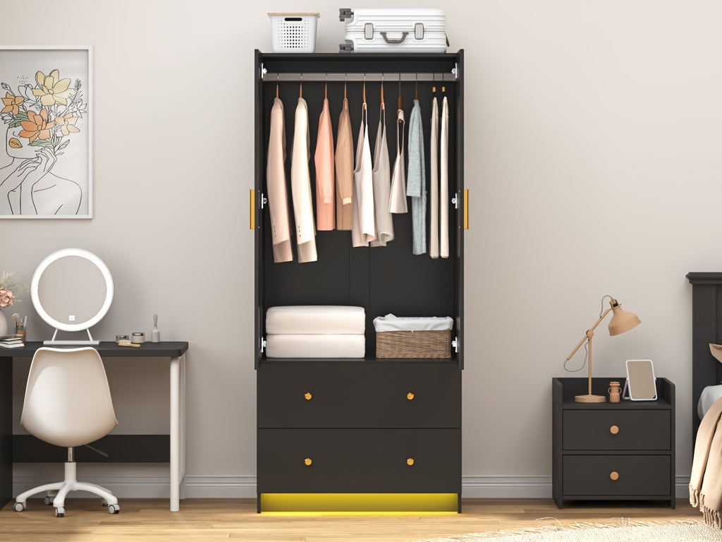 Modern Wardrobe Closet with Mirror And LED Lights, Bedroom Armoire with Drawers And Shelves, Wooden Closet Cabinet with Hanging Rod