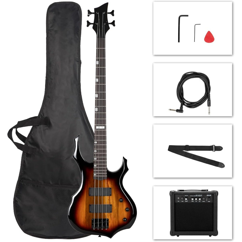 4-String Electric Bass Guitar Set, Flame Design and 20-Watt Amplifier for Beginners and Musicians