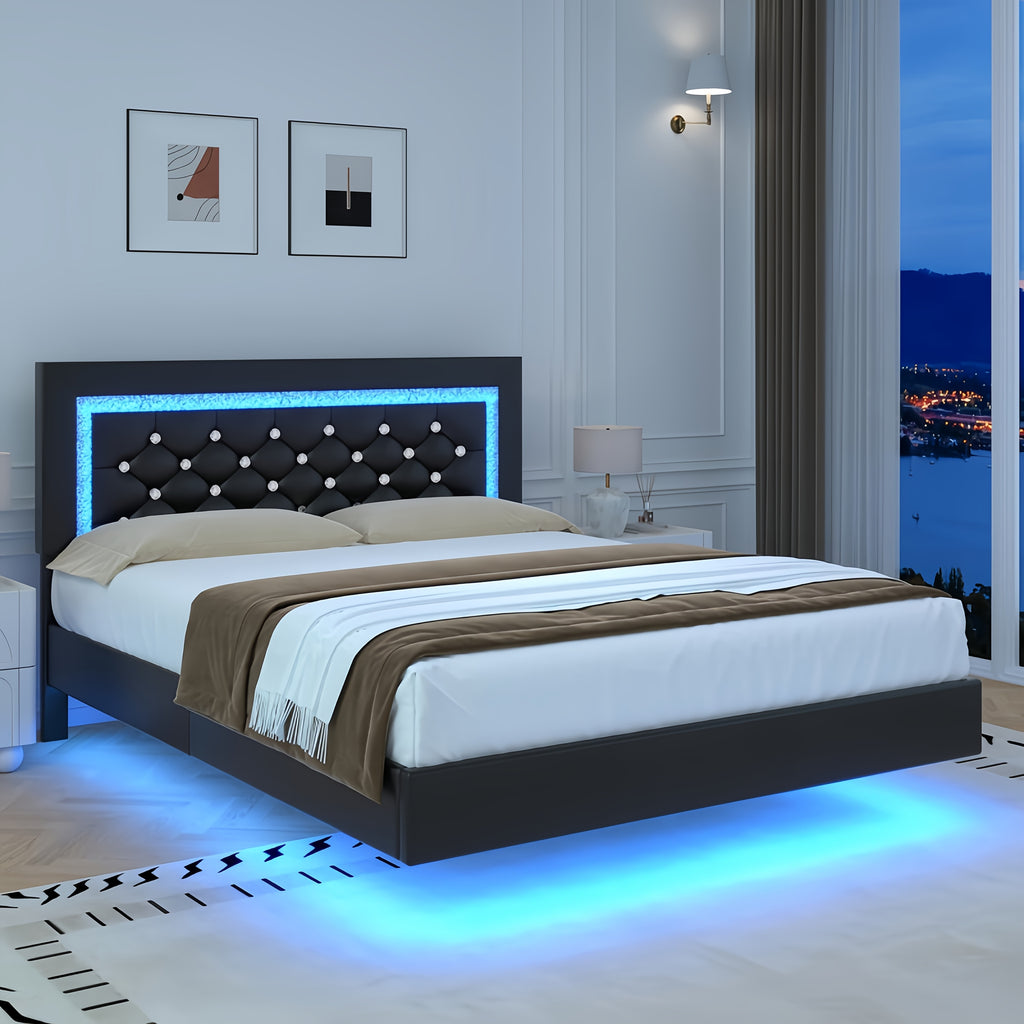 Twin Full Queen King Size Floating Bed Frame with LED Lights, Upholstered Platform Bed with Diamond Tufted Headboard, No Box Spring Needed, Noise Free, Easy Assembly, Black/Pink/White