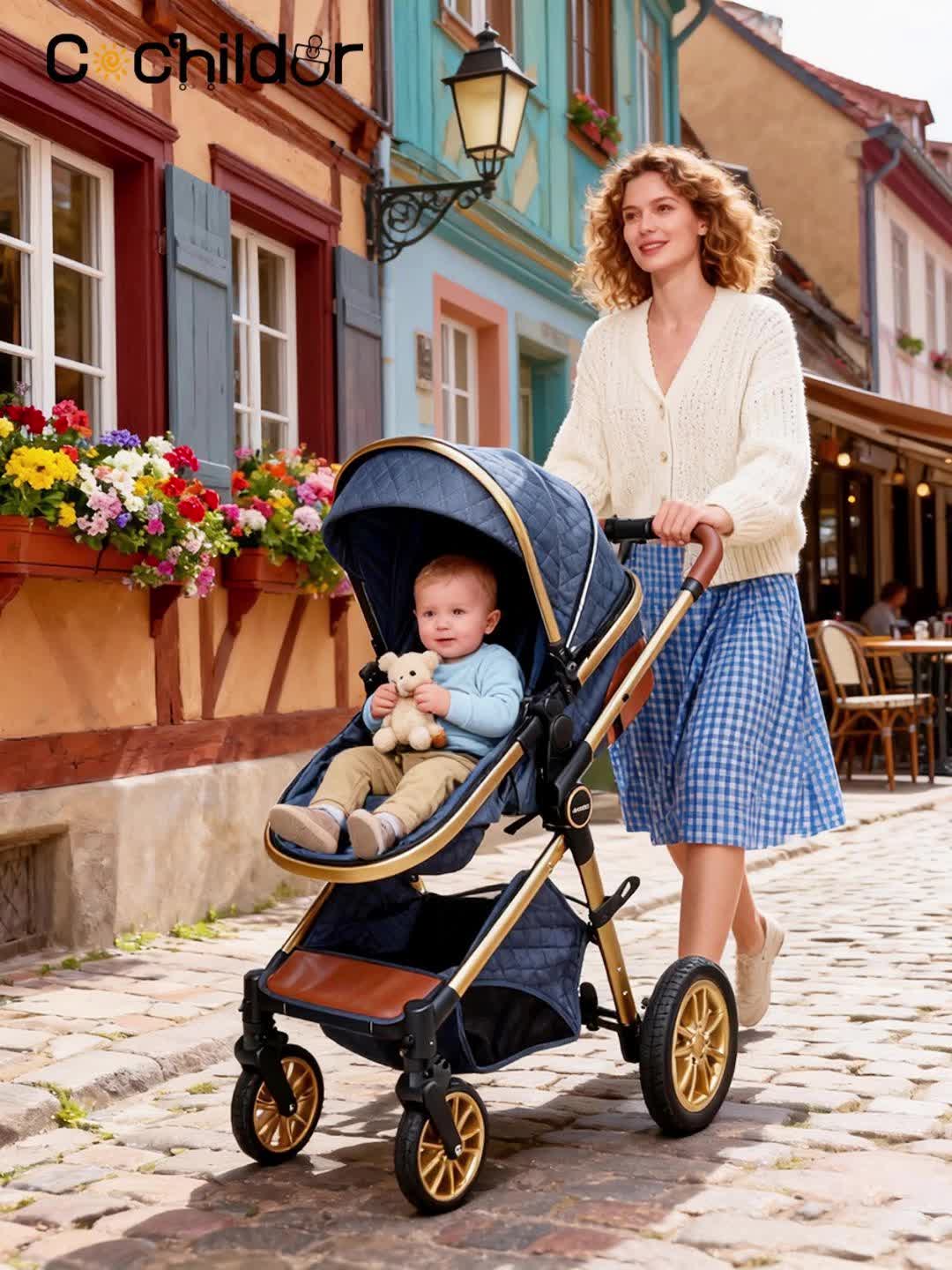 Cochildor Foldable Baby Stroller, Shock Absorption & All-Terrain Tires, Reversible Forward-Facing Push Adjustable Handlebar Large Sun Canopy Storage Basket, Lightweight Durable Aluminum Frame, for Travel Shopping Park - Two-way Baby Pram