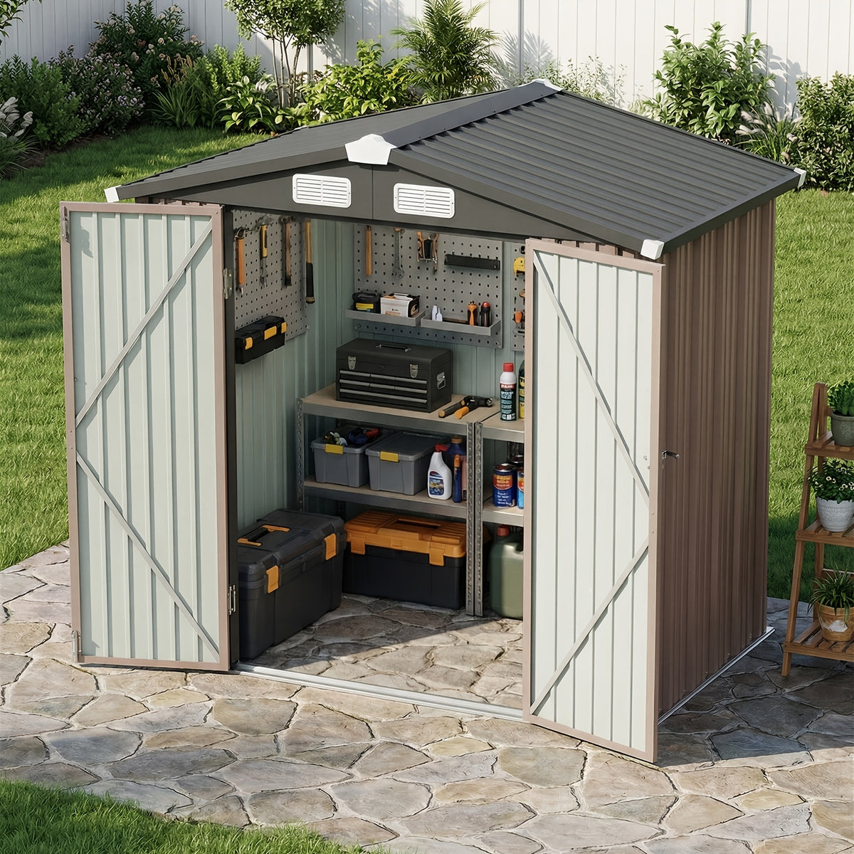 Outdoor Storage Shed in Brown, Galvanized Metal Organizer with Lockable Double Doors and Five Configuration Options
