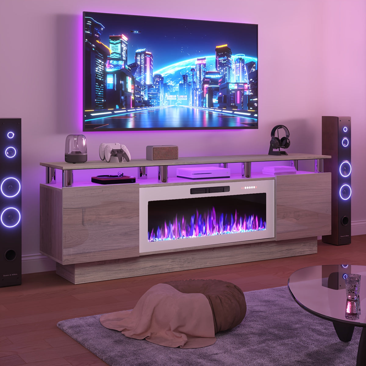 Fireplace TV Stand with 36-Inch Electric Fireplace, 70-Inch LED Light Entertainment Center with High Gloss Cabinet, 2-Tier Modern Wood Media TV Console for Living Room