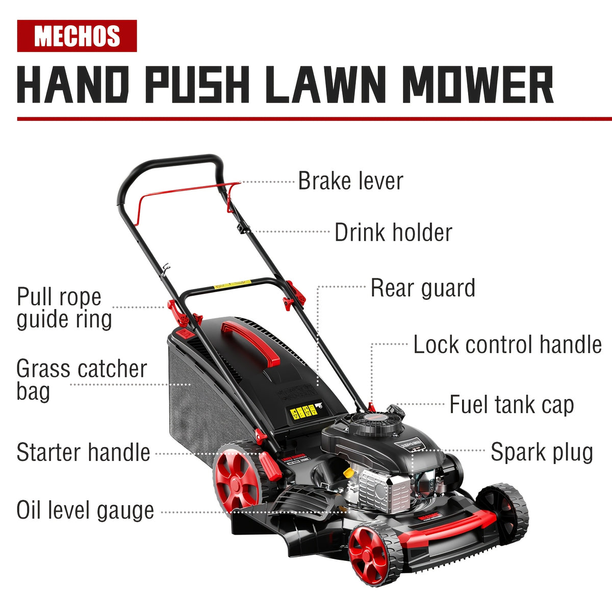 22 Inch 201cc 4-Cycle Engine 3-Position Cutting Height Adjustment 3-in-1 Gas Walk Behind Lawn Mower, 65L Grass Catcher, An Installation Kit And Four Wheels Are Included 3200RPM, 14 Gal Grass Bin