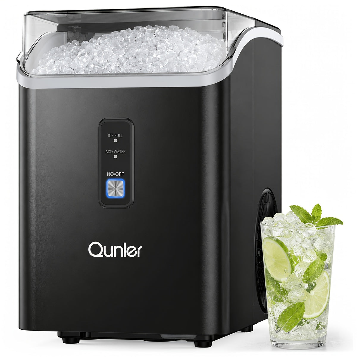 Countertop Nugget Ice Maker, Qunler 33 Lbs/Day Self-Cleaning Soft Chewable Pellet Ice Machine with Ice Scoop And Ice Basket for Iced Coffee, Soda, Tea, Cold Drinks, Kitchen, Office, RV, Camping, Black