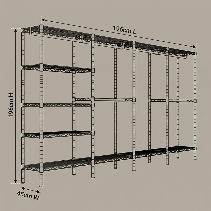 Heavy Duty Freestanding Garment Rack Suitable for Retail & Use - 1100 Capacity Portable Clothing Shelf System with Freestanding Base, Adjustable Hooks/Rods, Space-Saving for Bedroom, Walk-in Closet, Commercial Display - Assembly
