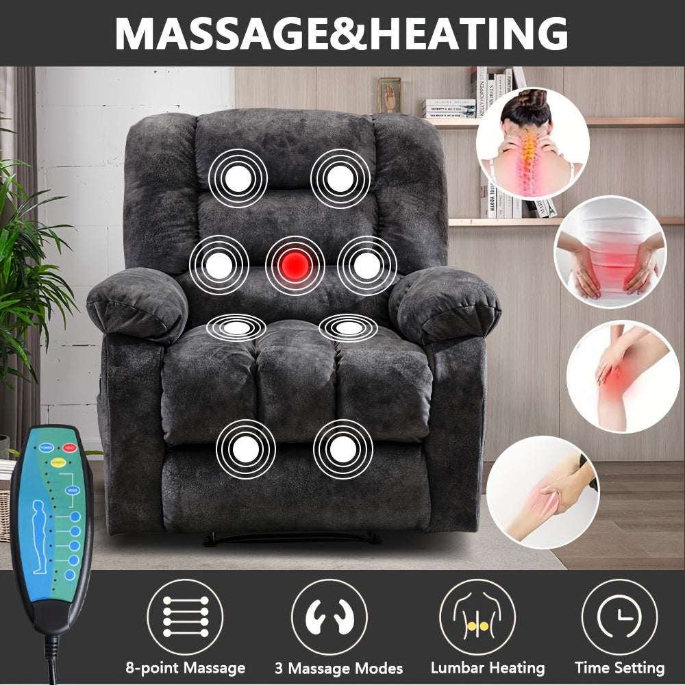 Oversized Manual Recliner Chair with Massage And Heat, Soft Fabric Reclining Single Sofa with Lumbar Heating & 8 Vibration Points, Overstuffed Lounge Chair for Living Room