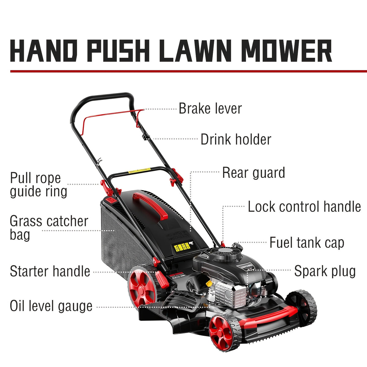 22 Inch 201cc 4-Cycle Engine 3-Position Cutting Height Adjustment 3-in-1 Gas Walk Behind Hand Push Lawn Mower (Hand Push), Comes with Four Bonus Decorative Wheel Plates