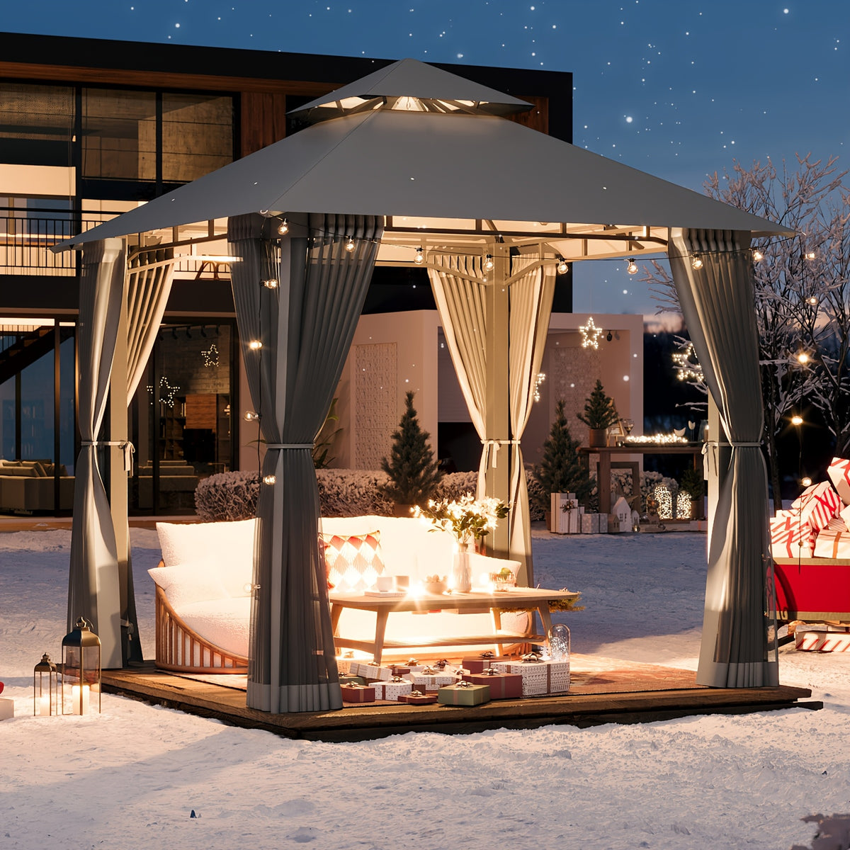 8'x8'Heavy-Duty Aluminium Alloy Outdoor Gazebo With Double Roof Canopy - All-Weather Pergola Mosquito Netting, Suitable For Terraces, Backyards, Or Gardens (grey)