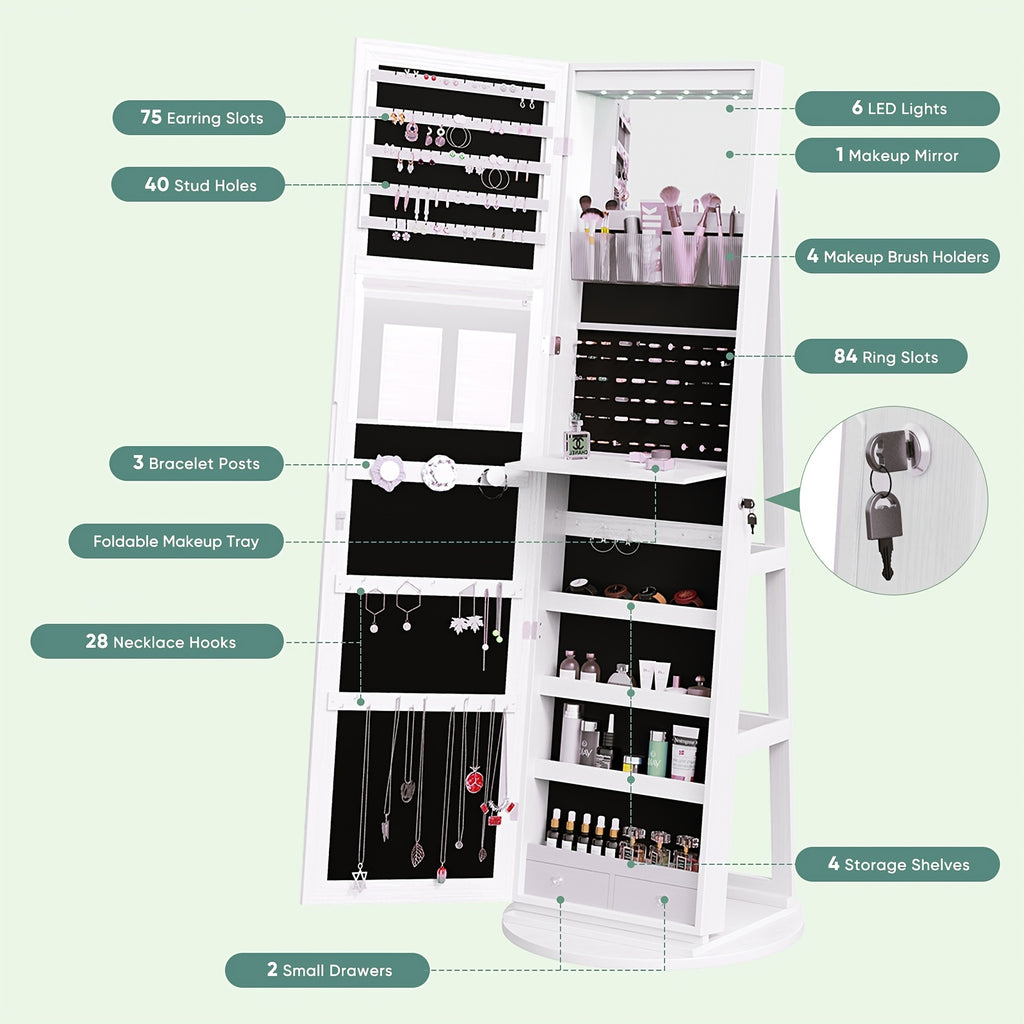 Freestanding Rotating Jewelry Cabinet with Full-Length Mirror & Lockable Storage Armoire - Foldable Makeup Shelf & Lights Suitable for Bedroom, Wood, Mirror Dresser Organizer for Room, Space-Saving