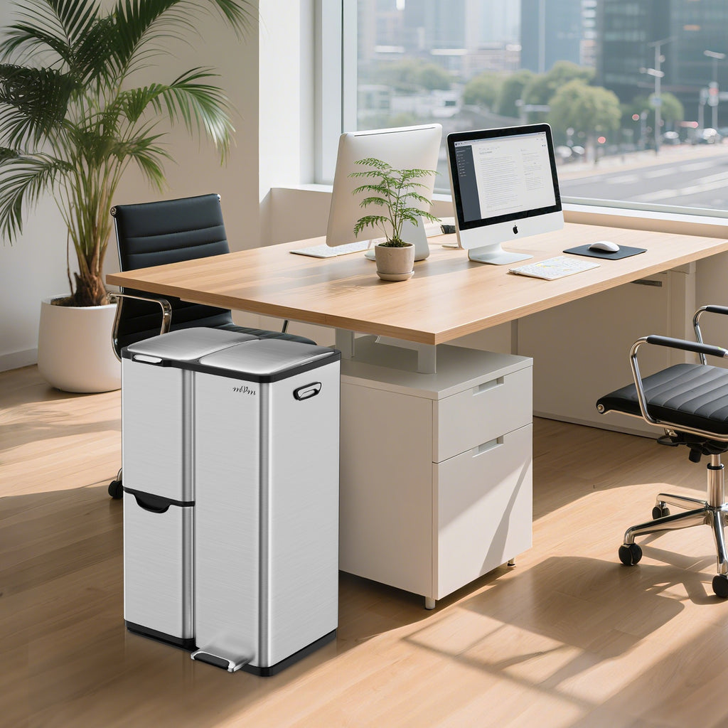 16 Gallon/60L Heavy-Duty Stainless Steel 3-Compartment Trash Can with Dual-Action Pedal & Hands-Free Operation, Odor-Proof Wet/Dry Separation System, Silent Close Lid, Removable Bins - Commercial/Residential Kitchen/Office Waste Disposal