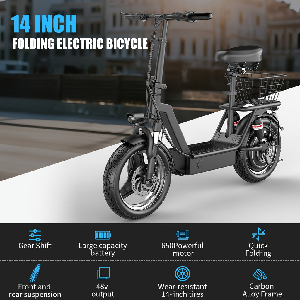 650W Electric Scooter, 48V 15Ah, 14" Pet Escooter with Cushioned Seat, with Large Capacity BOX (Removable), Adults and Teens, 365lbs Max Load