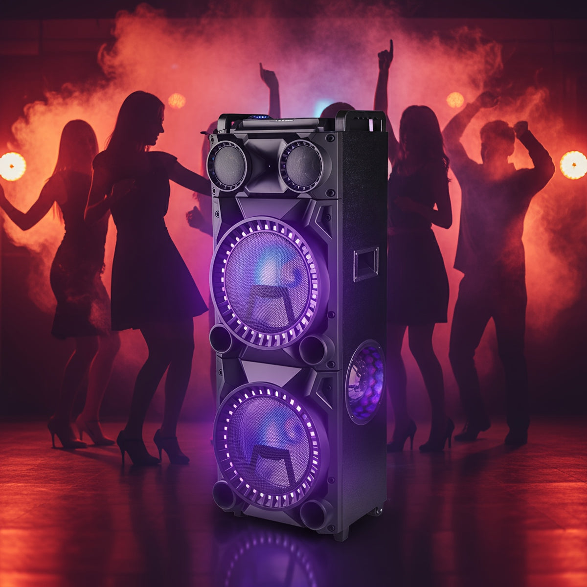Portable Wireless Speaker with Dual 12-Inch Woofers and LED Party Lights for Gatherings and Stage Monitoring