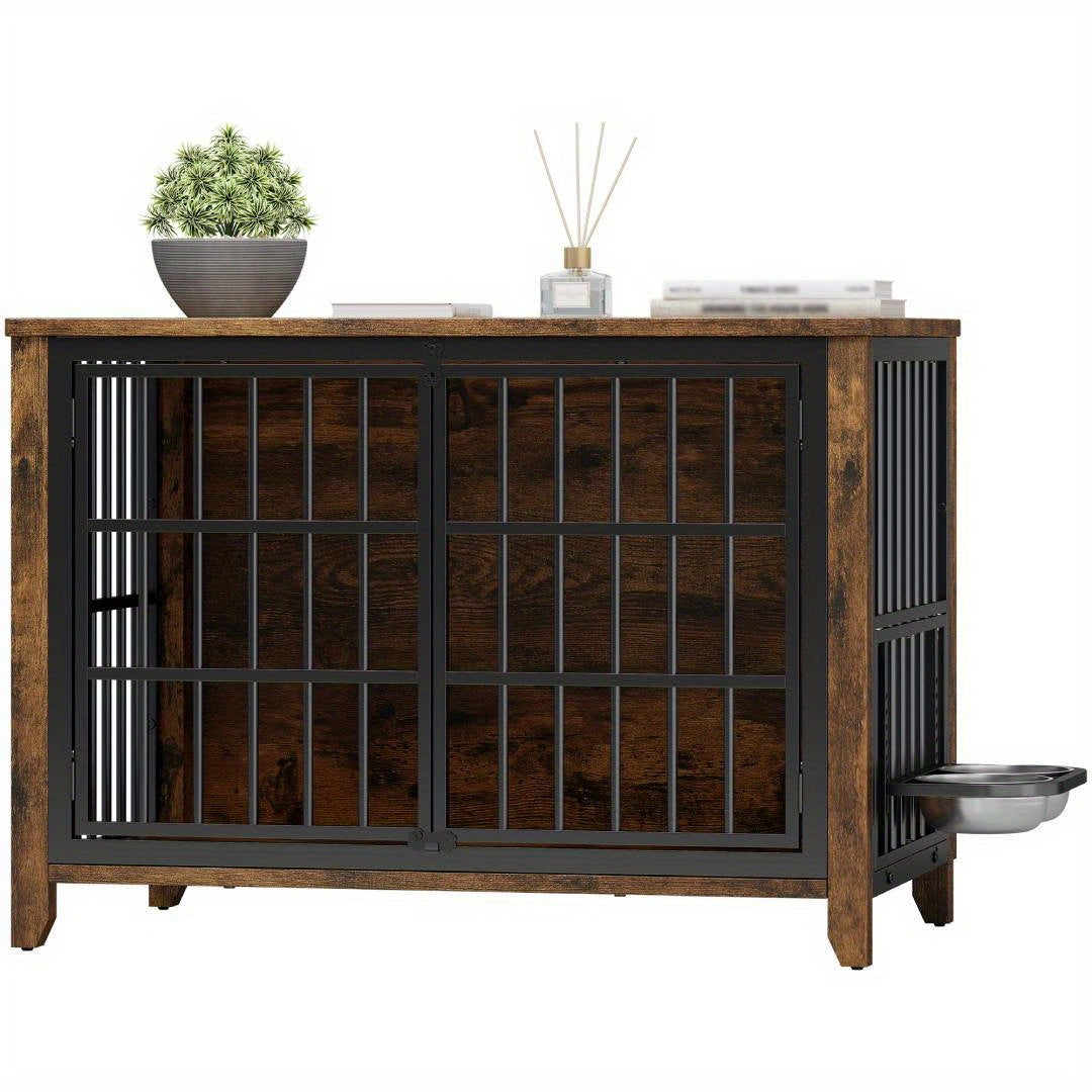Furniture-Style Dog Crate with Height-Adjustable Rotating Bowls — Secure Indoor Enclosure in Gray or Brown
