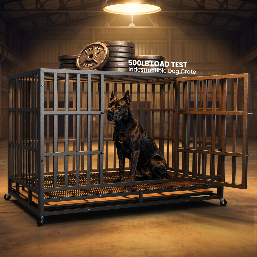 [With Wheels] 42 IN/48IN Heavy Duty Dog Crate Metal Dog Cage With Wheels And Escape-Proof Locks Double Doors Top Opening Large Dog Kennel Removable Tray Easy Assembly Chew-Proof For Big Dogs