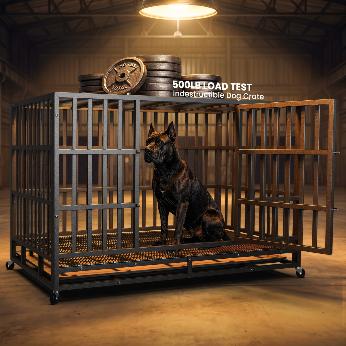 [With Wheels] 42 IN/48IN Heavy Duty Dog Crate Metal Dog Cage With Wheels And Escape-Proof Locks Double Doors Top Opening Large Dog Kennel Removable Tray Easy Assembly Chew-Proof For Big Dogs