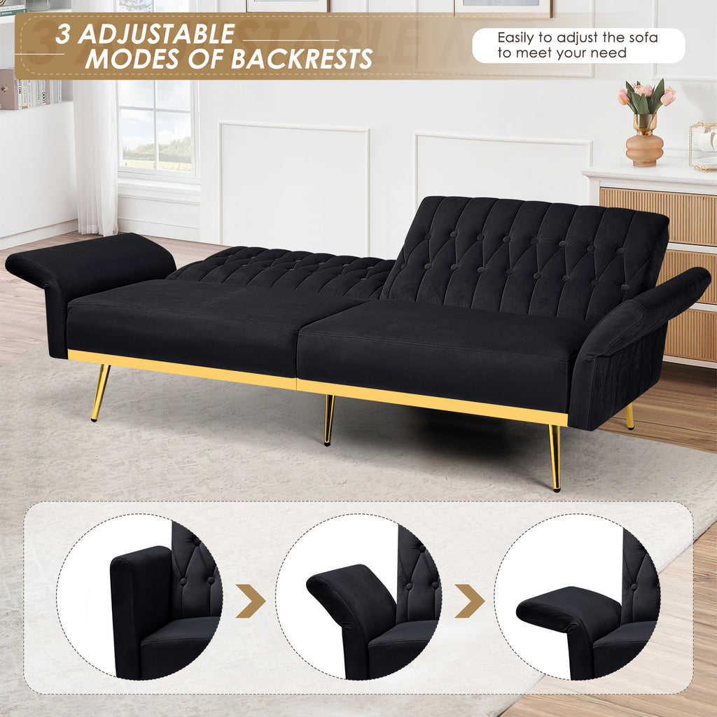ACMEASE 70-Inch Velvet Convertible Sofa Bed with 2 Pillows, Adjustable Backrest And Armrest Tufted Sleeper Sofa with Golden Metal Legs for Living Room