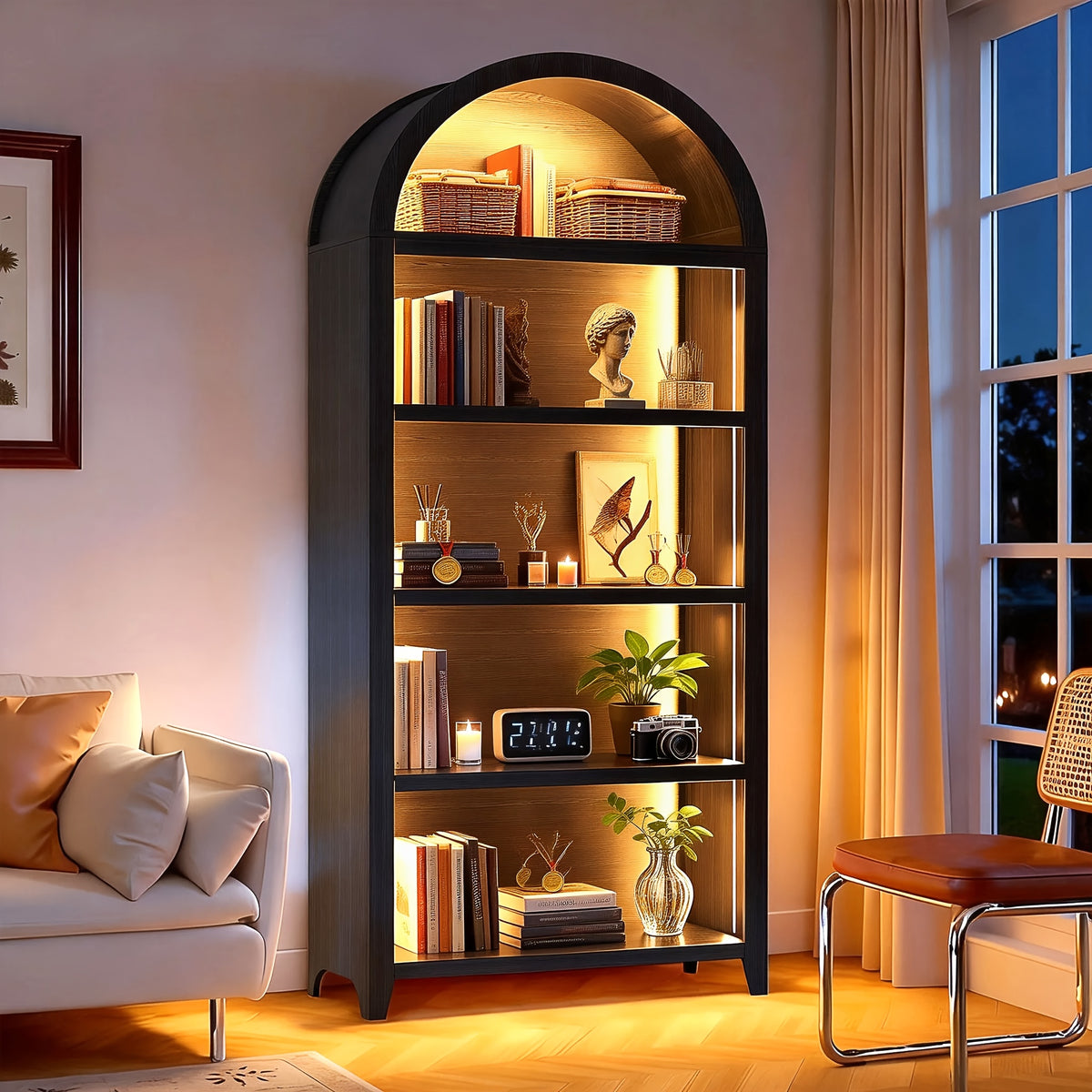 68.9" Arched Display Bookshelf Cabinet - 5-Tier Open Storage Shelf, Freestanding Tall Bookcase for Living Room, Dining Room Or Office (Multiple Finishes)