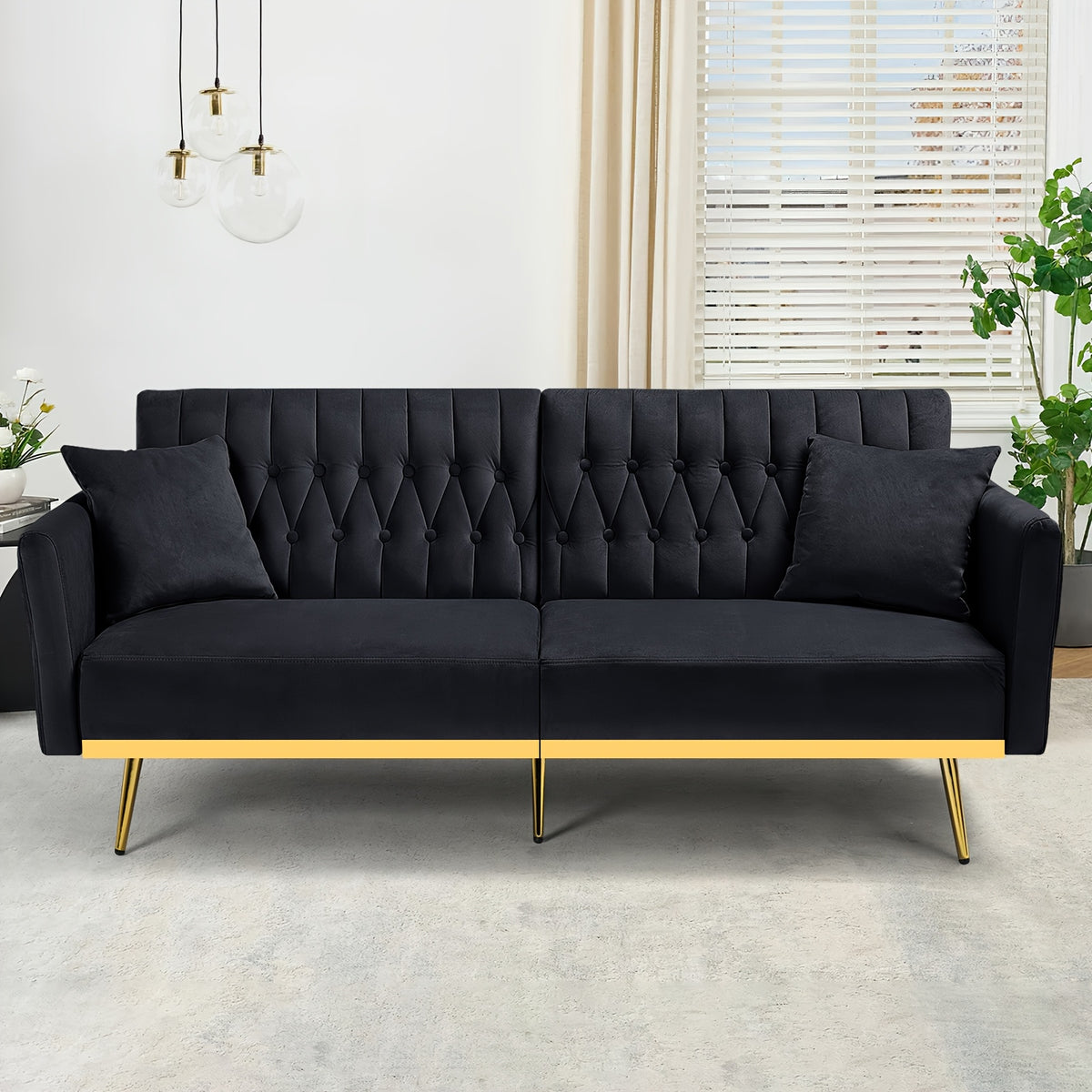 ACMEASE 70-Inch Velvet Convertible Sofa Bed with 2 Pillows, Adjustable Backrest And Armrest Tufted Sleeper Sofa with Golden Metal Legs for Living Room