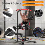 Pull Up Bar Dip Station, Power Tower with Folding Dumbbell Bench & Backrest, Adjustable Height Pull Up Bar Stand, Multi-Function Home Gym Strength Training Fitness Equipment 330LBS