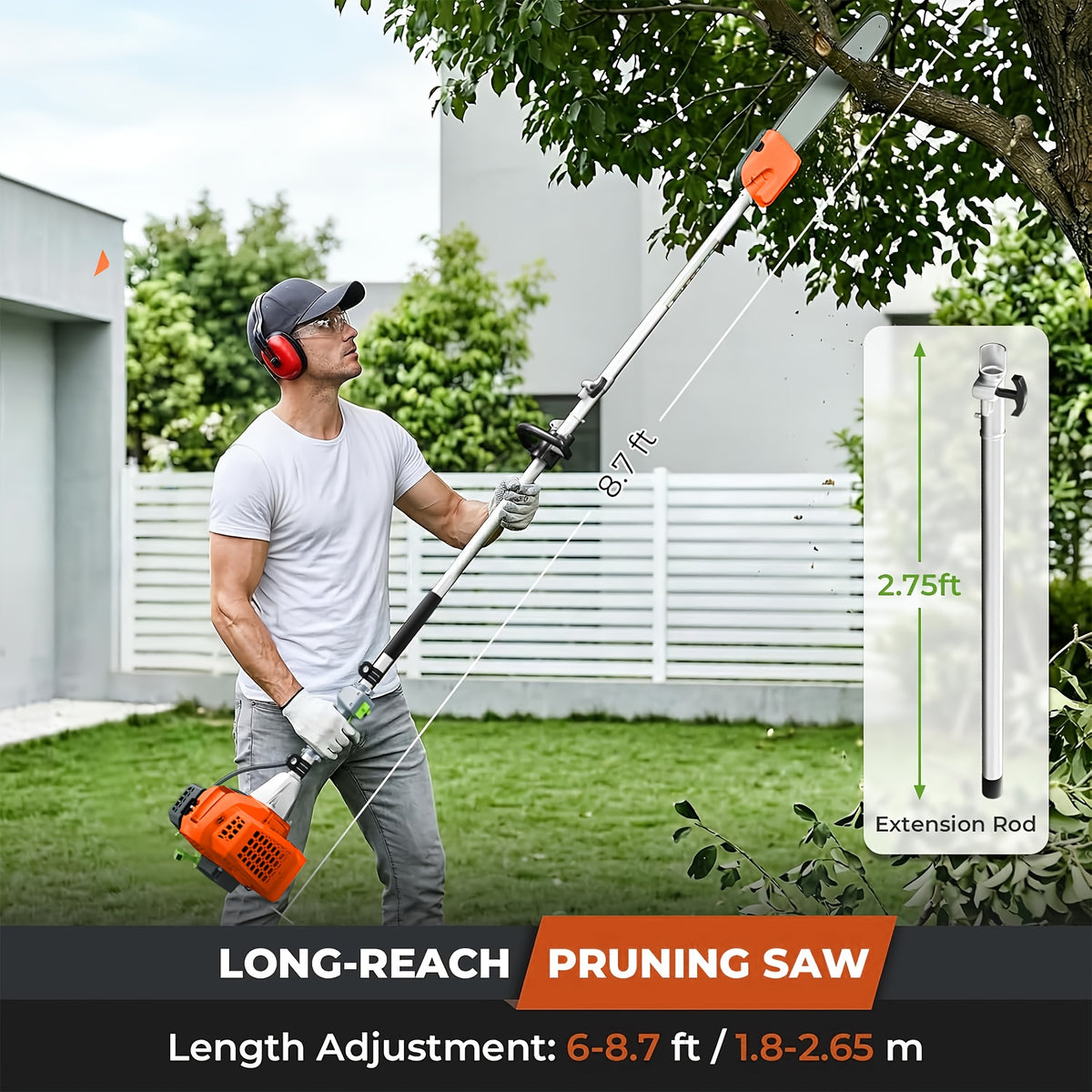 62CC 2-Stroke Gas Powered Weeder, 2HP, 8500RPM, 6-in-1/ 2-in-1 Multi-Tool: Gas Hedge Trimmer, Lawn Mower, Chainsaw & Extension Pole Pruner, for Garden, Farm & Courtyard Landscaping Maintenance