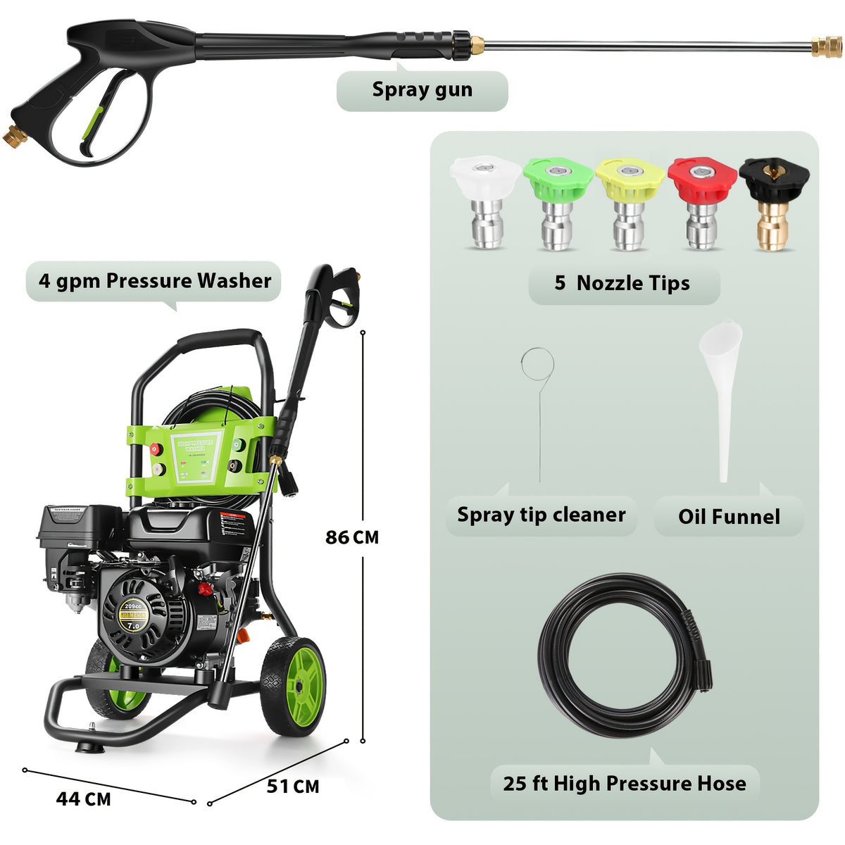 MAX 4400PSI 4GPM 209CC Commercial Gas Pressure Washer, 7.0 HP Professional Gas Power Washer with 5 Nozzles 25ft Hose 16.91oz Foam Bottle for Car Fence Driveway Yard (EPA/CARB/ETL Compliant)
