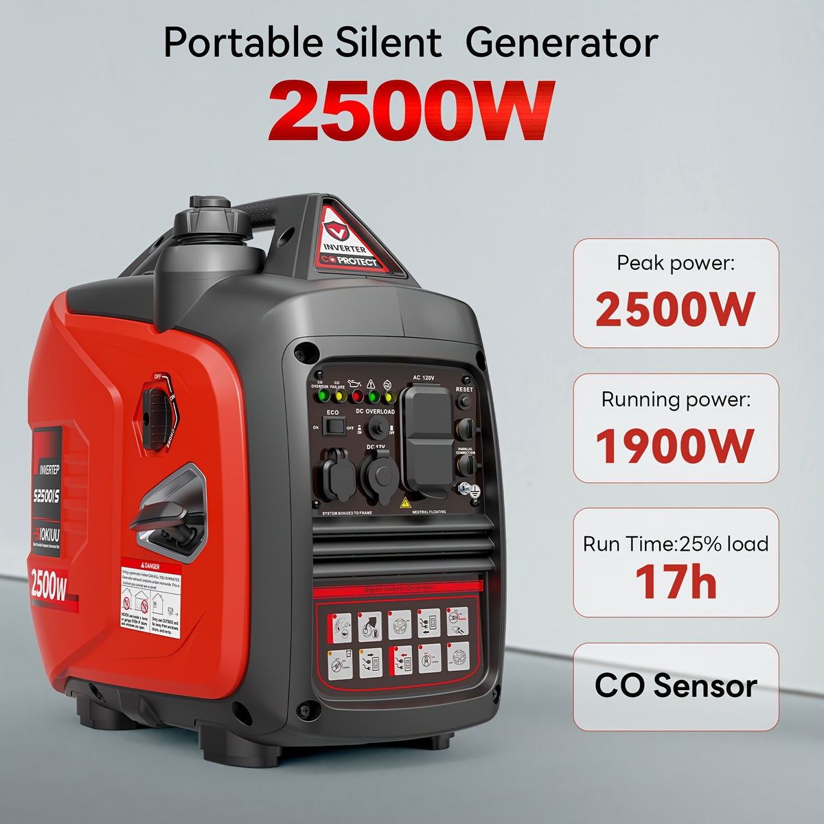 Portable Inverter Generator, Ultra Quiet, CO Alarm, Peak 2500W Rated 1900W, Peak 3200W Rated 2600W, Peak 3600W Rated 3000W, Peak 4000W Rated 3200W, Peak 4500W Rated 3600W, Ideal for Yard, Lawn, Garden, Camping, RV, Home Backup Power