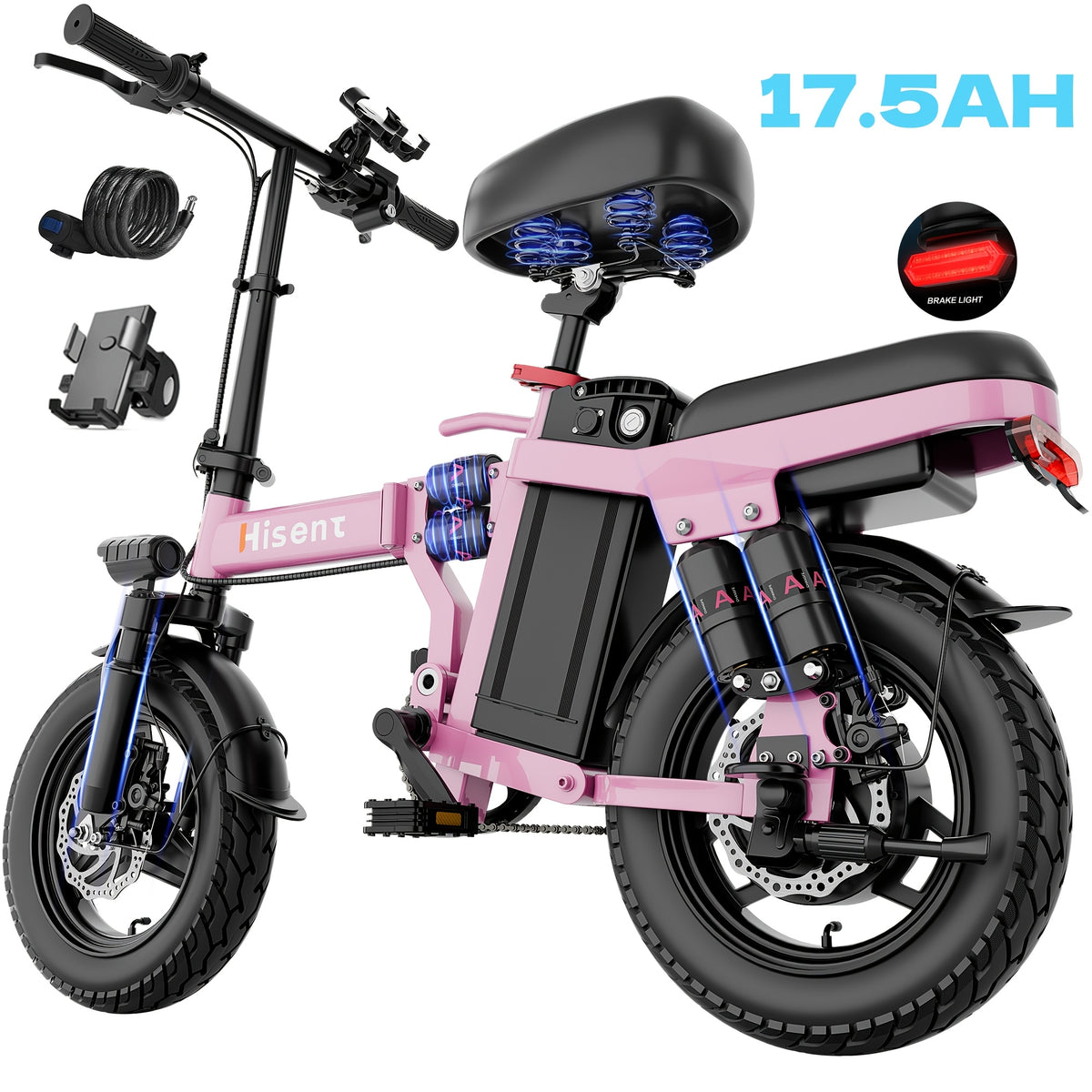Hisent G11&F9 Folding Electric Bike | Dual Suspension System | Upgraded Frame | 12-35 Miles Range (Optional) | Features Dual Seat, LED Headlight, Disc Brakes, 14-Inch Tires, 500W High-Power Motor, Top Speed Of 19.9 Mph