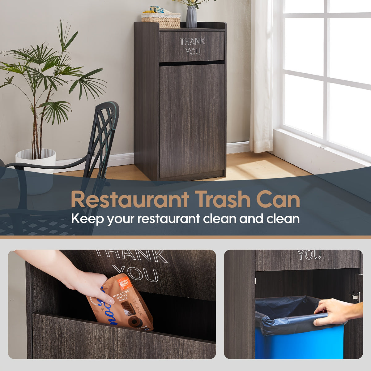 Large 40-Gallon Wooden Waste Bin with a Tray Top, Featuring a Spacious Design, Easy-To-Clean Surface, And Compact Storage, Perfect for Offices, Restaurants, And Kitchen Cabinets