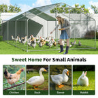 Walk-In Chicken Run with Feeding Port and UV-Resistant Cover, Galvanized Outdoor Poultry Enclosure