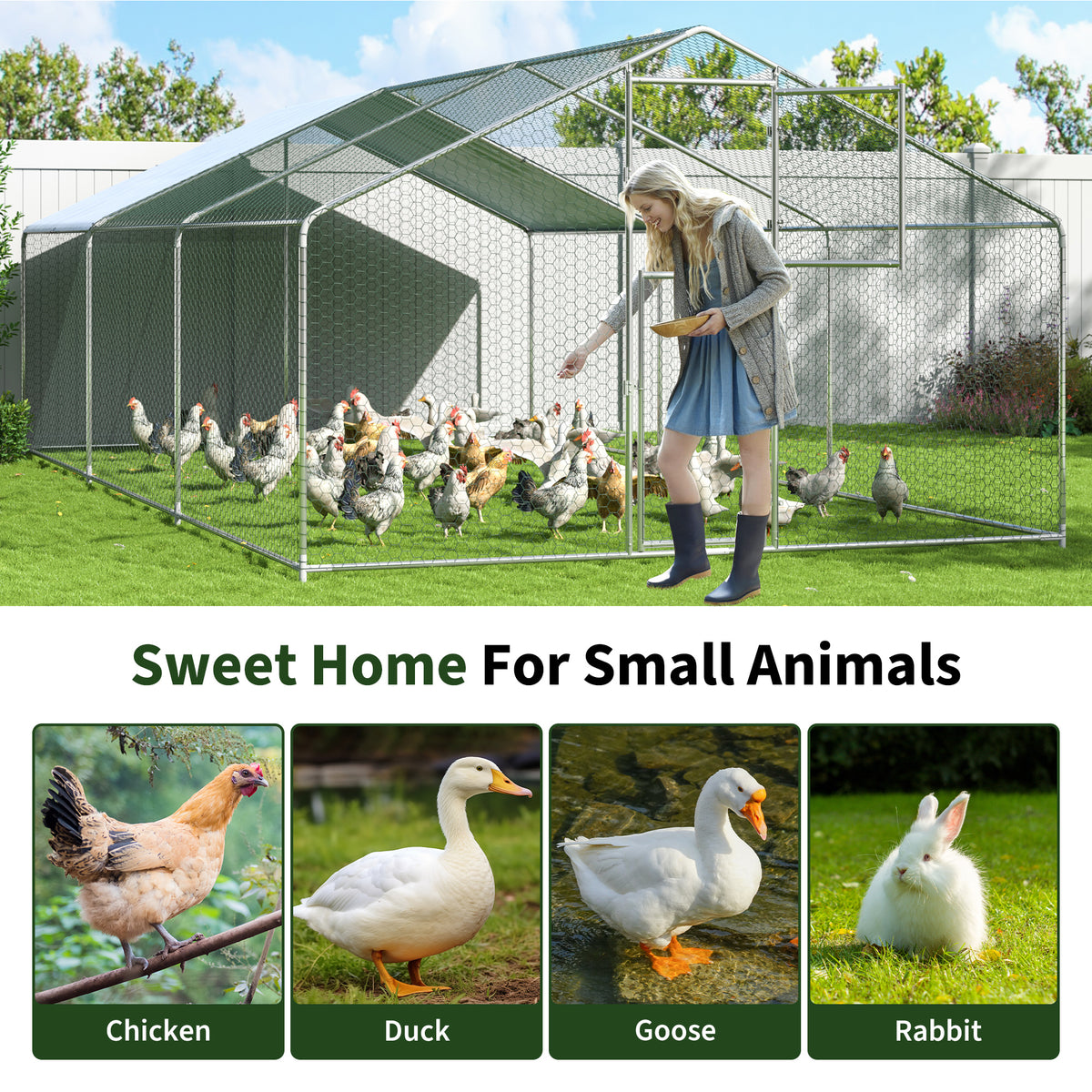 Walk-In Chicken Run with Feeding Port and UV-Resistant Cover, Galvanized Outdoor Poultry Enclosure