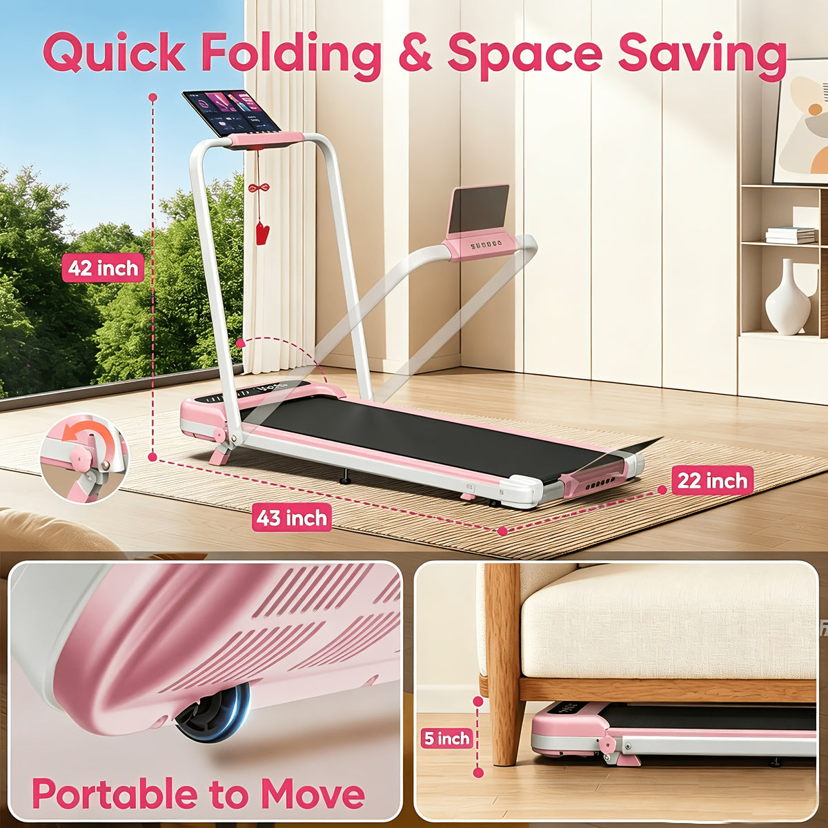 Foldable Treadmill with Incline, 2-In-1 Portable Treadmills for Home Small Spaces, 350 Lbs Capacity Compact Under Desk Treadmill, LED Display & KINOMAP App, No Assembly Required, Space-Saving Design, Without Battery