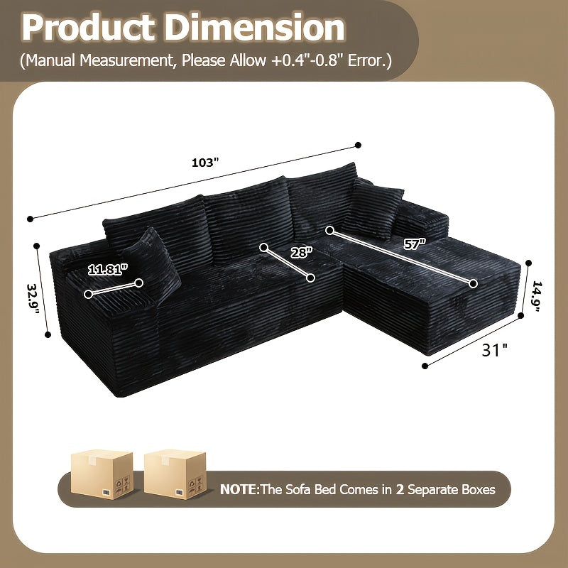 103-inch L-shaped Sofa, a Multifunctional Transforming Compression Sofa Bed with Chaise Lounge, Comes with 2 Throw Pillows, Built-in High-density Supportive Sponge, a No-assembly-required Sofa Chair Suitable for Bedrooms and Living Rooms