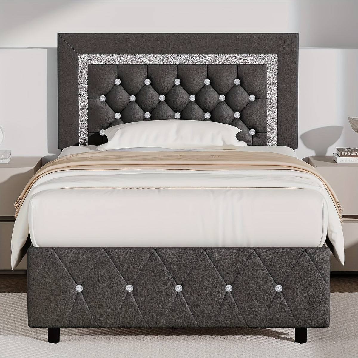 HOMBCK Twin Full Queen King Bed Frame, Padded Platform Bed with Button Tufting Headboard, Princess Platform Bed with Diamond Design, Halloween Decoration, Wooden Strip Support, No Spring Box Needed, Easy to Assemble, Pink/White/Black/Beige
