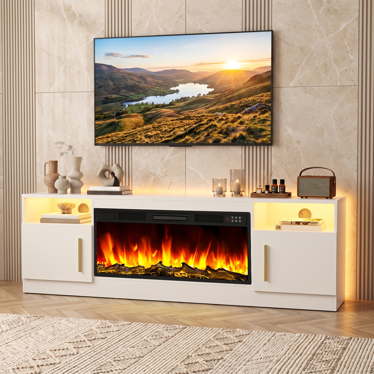 Fireplace TV Stand Entertainment Center with 36" Fireplace, Media TV Console with High Gloss Storage Cabinet And 16 Colors LED Lights, 70" Wooden TV Stand for TVs Up to 80"