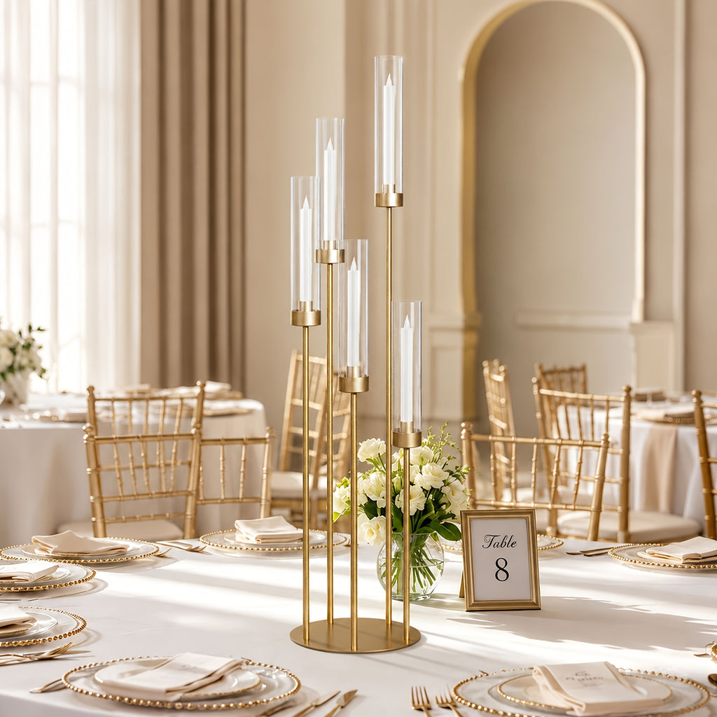 10 Sets Acrylic Candelabra Centerpieces 39.4" Tall Clear Candle Holders Pillar Taper Candlestick with Lampshades 5 Arm Floor Candelabra Stand for Wedding Christmas Ceremony Dinner Party Halloween Christmas
