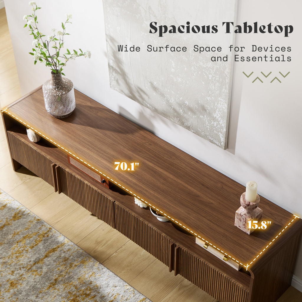 70 inch Fluted TV Console | Modern Wood Entertainment Media Console for TVs up to 80", with Storage Cabinets, by LUXOAK