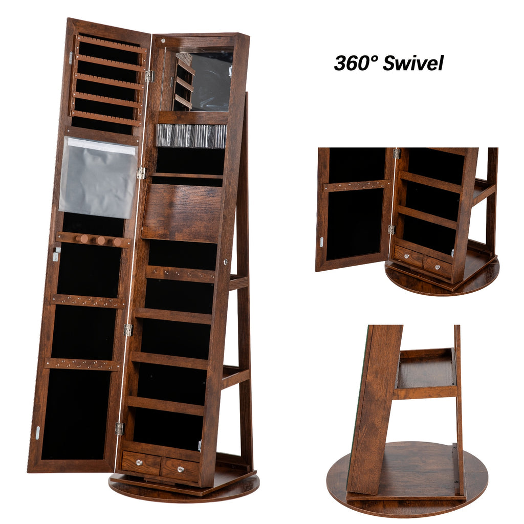 Freestanding Rotating Jewelry Cabinet with Full-Length Mirror & Lockable Storage Armoire - Foldable Makeup Shelf & Lights Suitable for Bedroom, Wood, Mirror Dresser Organizer for Room, Space-Saving