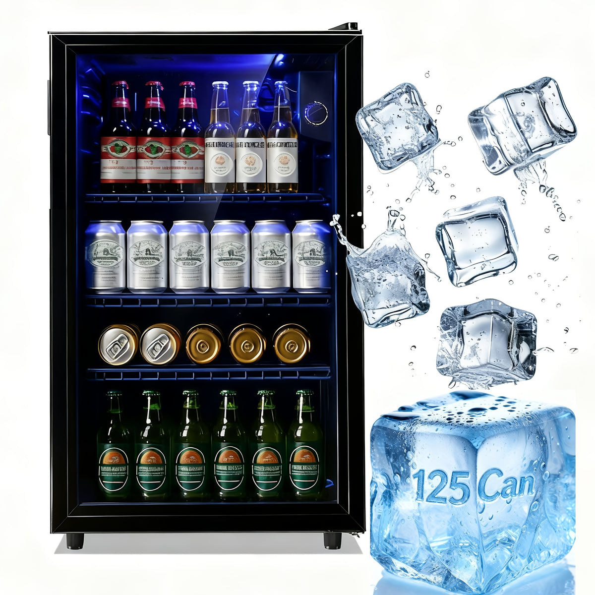 Beverage Fridge, Mini Fridge With Glass Door, Beverage Cooler Refrigerator, Wine Drink Beer Cooler, Adjustable Shelves & Temperature Control