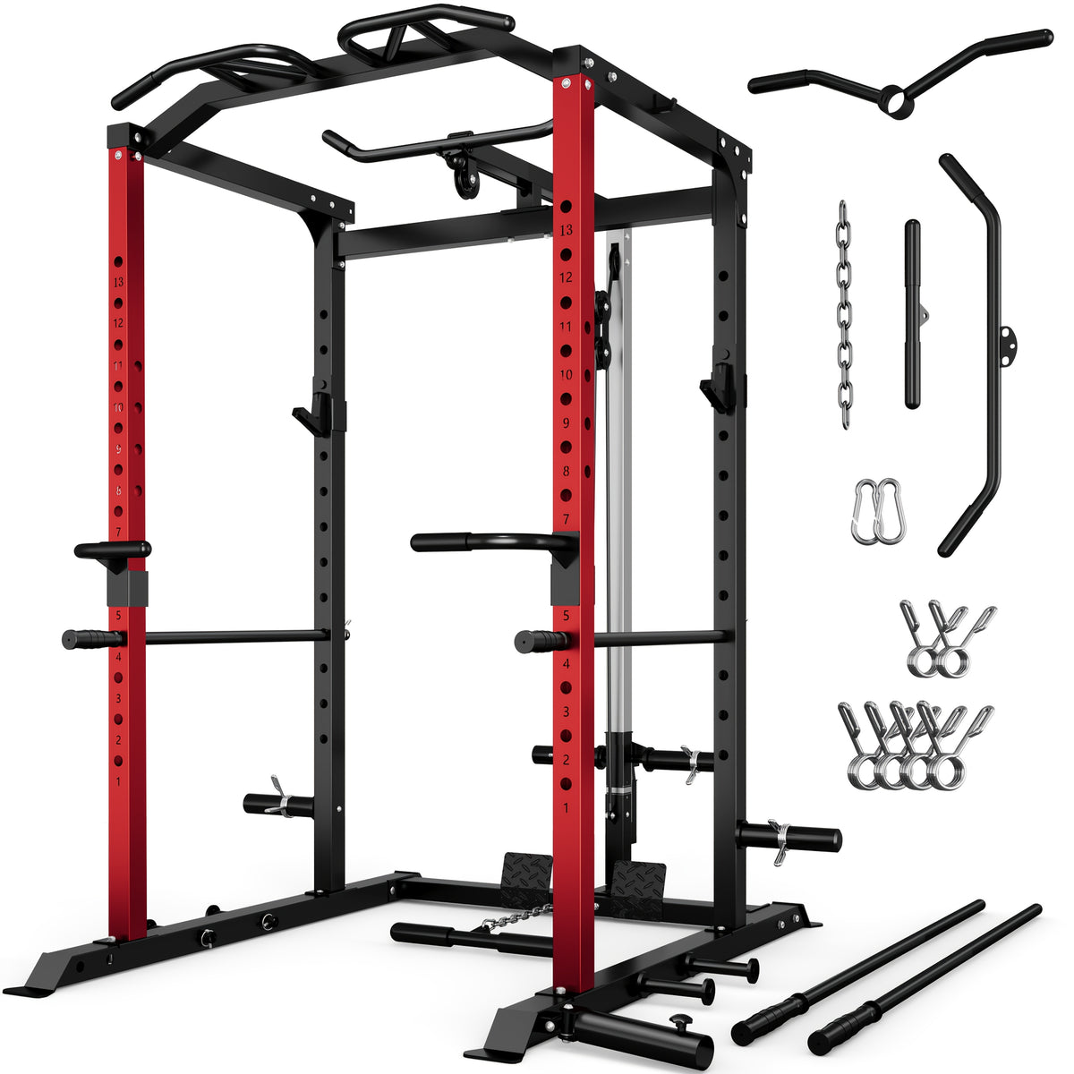 Power Cage Strength Trainer, Mitonos C1-V4 2000 lb Squat Rack with LAT Pulldown for Home Gym and Garage Workouts