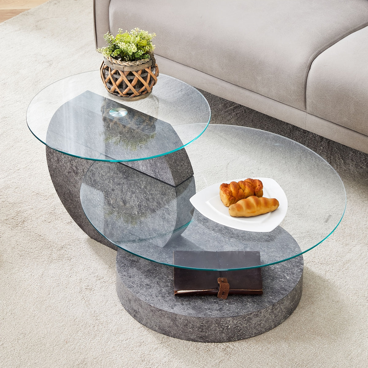Glass Coffee Table for Small Spaces with Three-Tier Storage and a Clear Tempered Glass Top