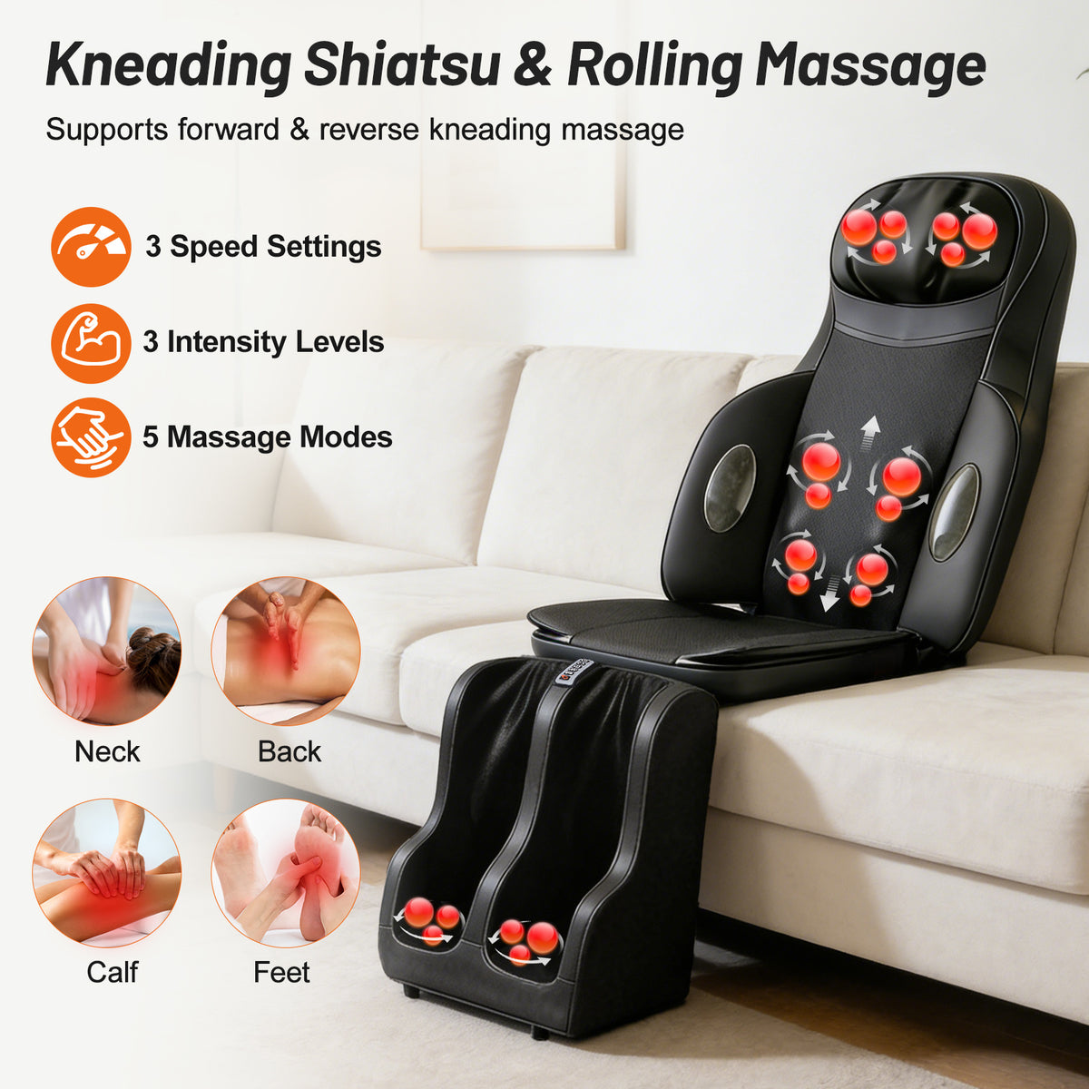 Full Body Shiatsu Massage Pad with 3D Deep Kneading Massage, 5 Modes, and Detachable Leg & Foot Massager, Ideal for Full-Body Relaxation at Home, Gym, Leisure, and Office